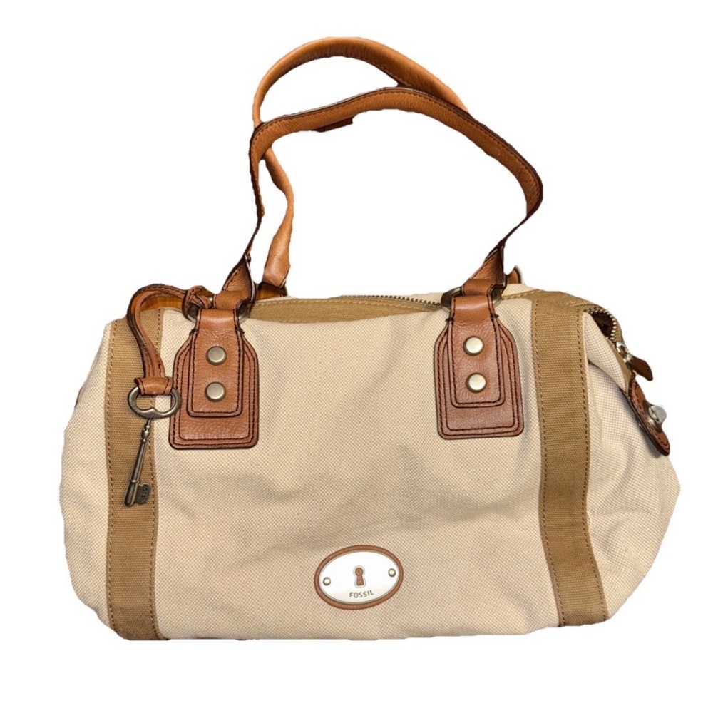 Fossil Ivory Canvas Handbag Brown Leather Handle Key Accessory Preppy Travel